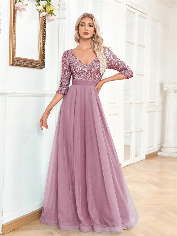 Luxury Floor Length V-Neck Evening Dress Party Maxi Dress Sequin Short Sleeves Prom Cocktail Gown