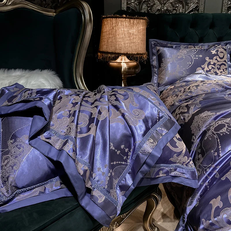Soft Satin Jacquard Cotton Bedding Set, Luxury Duvet Cover, Blue, Gold, Gray, Queen, King Bed Sheet, Pillowcases, Home Textiles