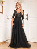 Luxury Floor Length V-Neck Evening Dress Party Maxi Dress Sequin Short Sleeves Prom Cocktail Gown