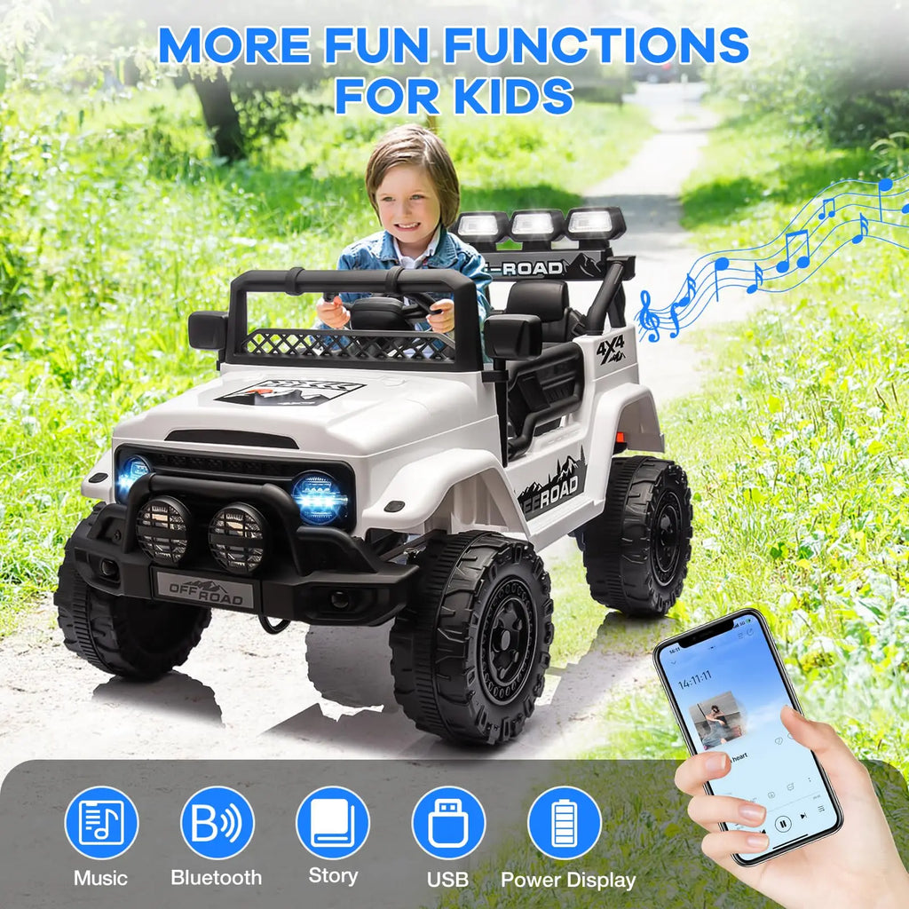 12V Kids Ride On Truck With Remote Control 3 Speeds LED Lights Spring Suspension Dual Motors Long Lasting Battery
