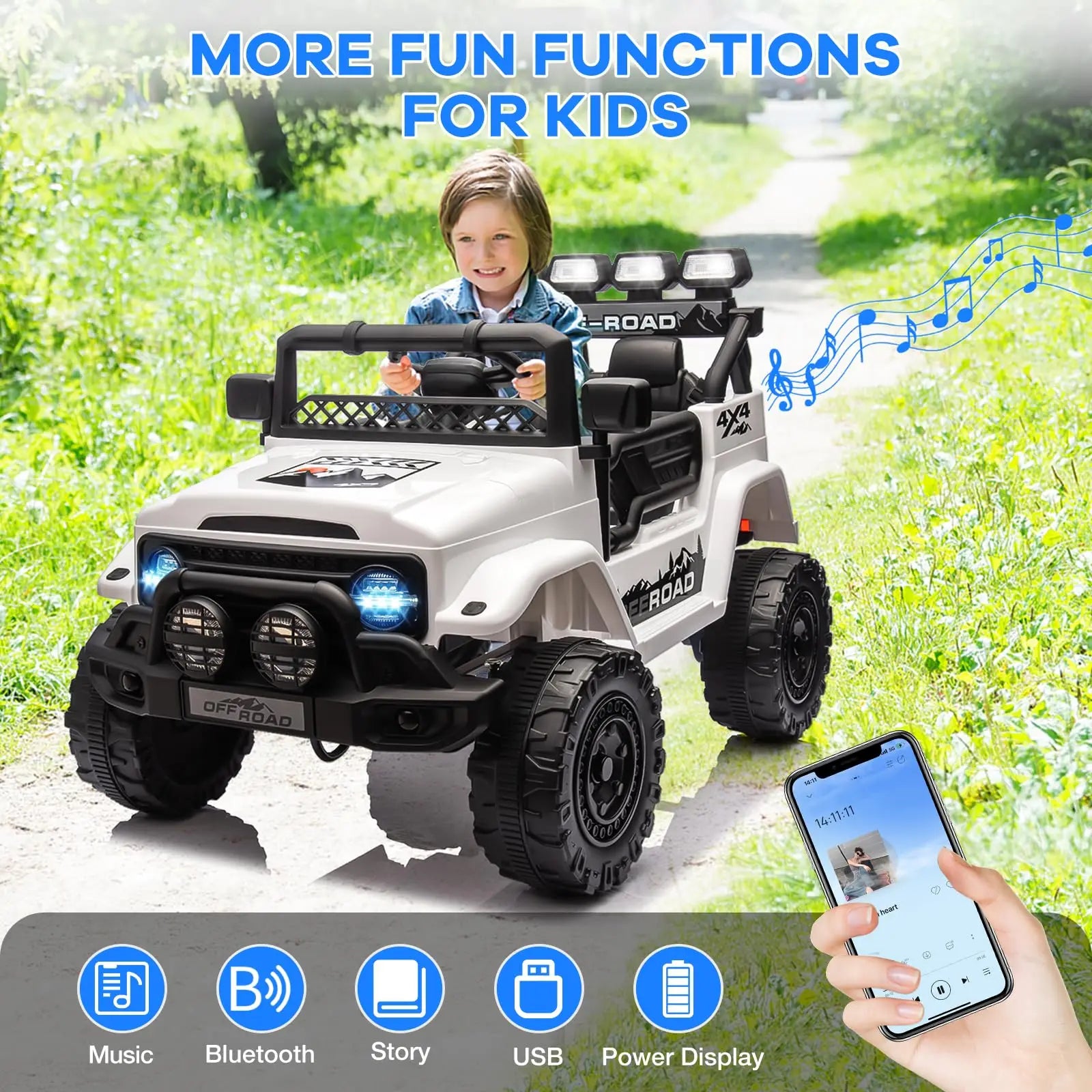 12V Kids Ride On Truck With Remote Control 3 Speeds LED Lights Spring Suspension Dual Motors Long Lasting Battery