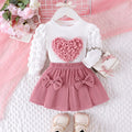 2PCS Winter Outfit for Girls – Cute Bubble Sleeve Top & Pink Skirt Set