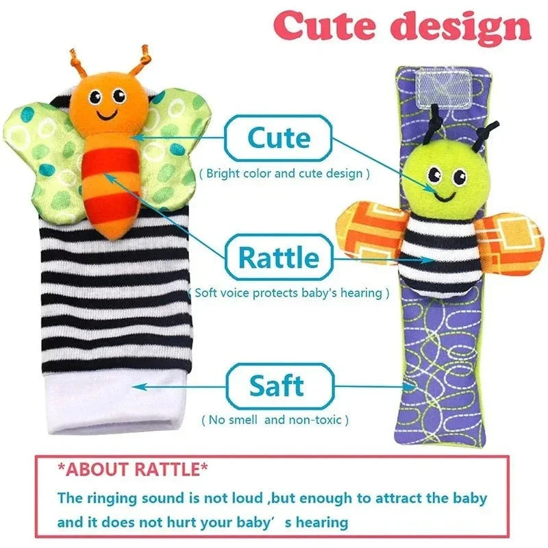 4 PCS Baby Rattle Toy Set Soft Animal Socks & Wrist Straps for Newborns 0–12 Months Educational Plush Toys
