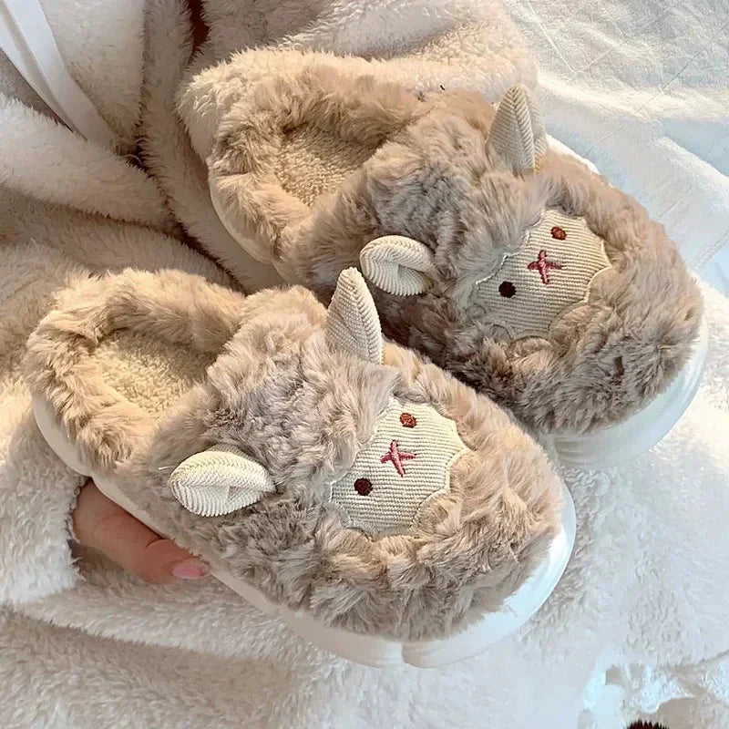 Winter Cartoon Plush Slippers Warm Fluffy Faux Fur Sheep Design Indoor Home Couple Cotton Slippers for Men And Women