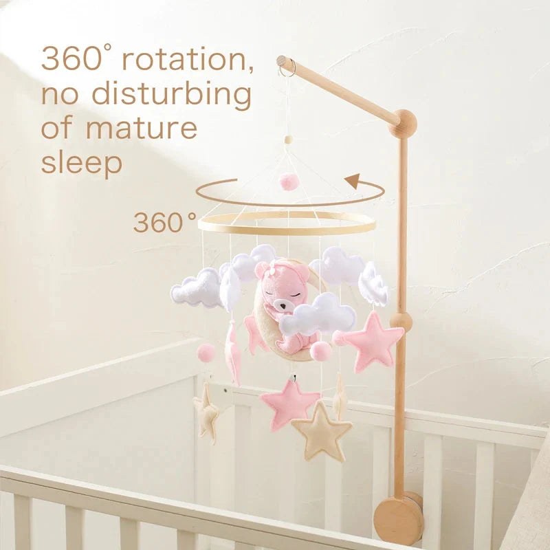 Crib Mobile Rattle Wooden Baby Bell with Felt Cartoon Bear Toys