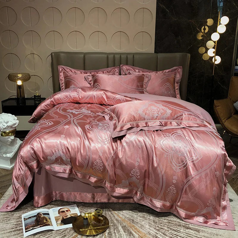 Soft Satin Jacquard Cotton Bedding Set, Luxury Duvet Cover, Blue, Gold, Gray, Queen, King Bed Sheet, Pillowcases, Home Textiles