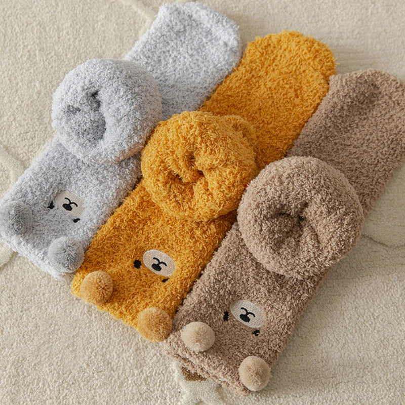 2 Pairs Cute Socks Bear Women Coral Velvet Thick Plush Warm Socks Sleep Fluffy Socks Cute Cartoon Lovely Floor Fuzzy Sock Winter