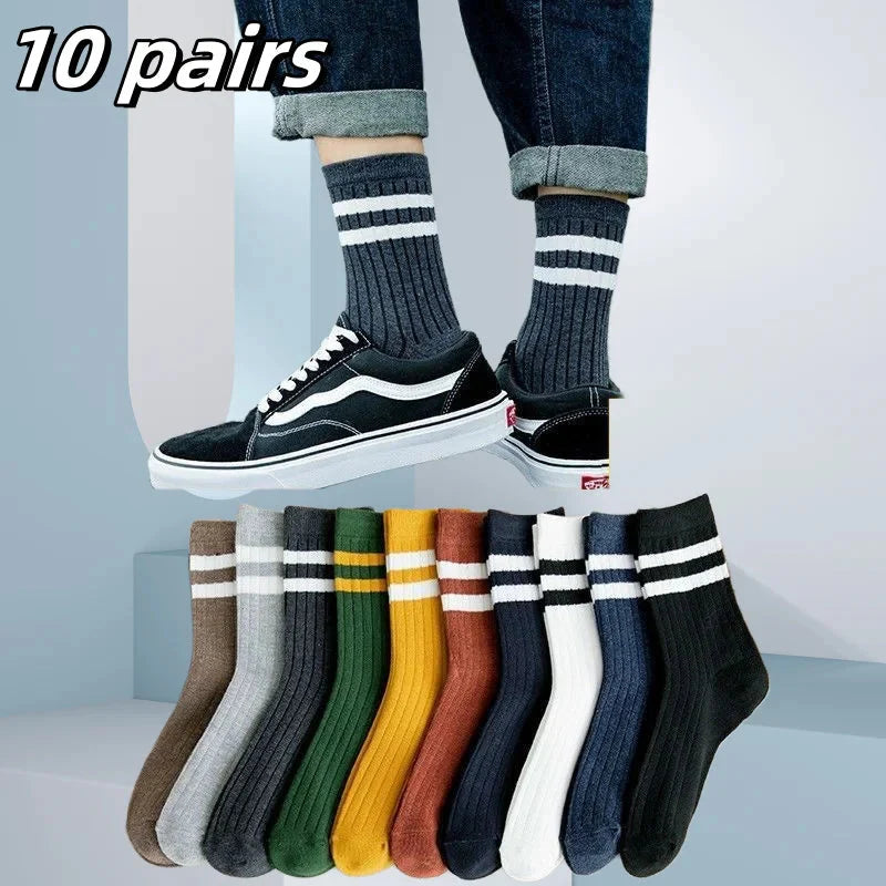 10PCS Men’s Mid-Calf Cotton Socks – Solid Color, Versatile for All Seasons
