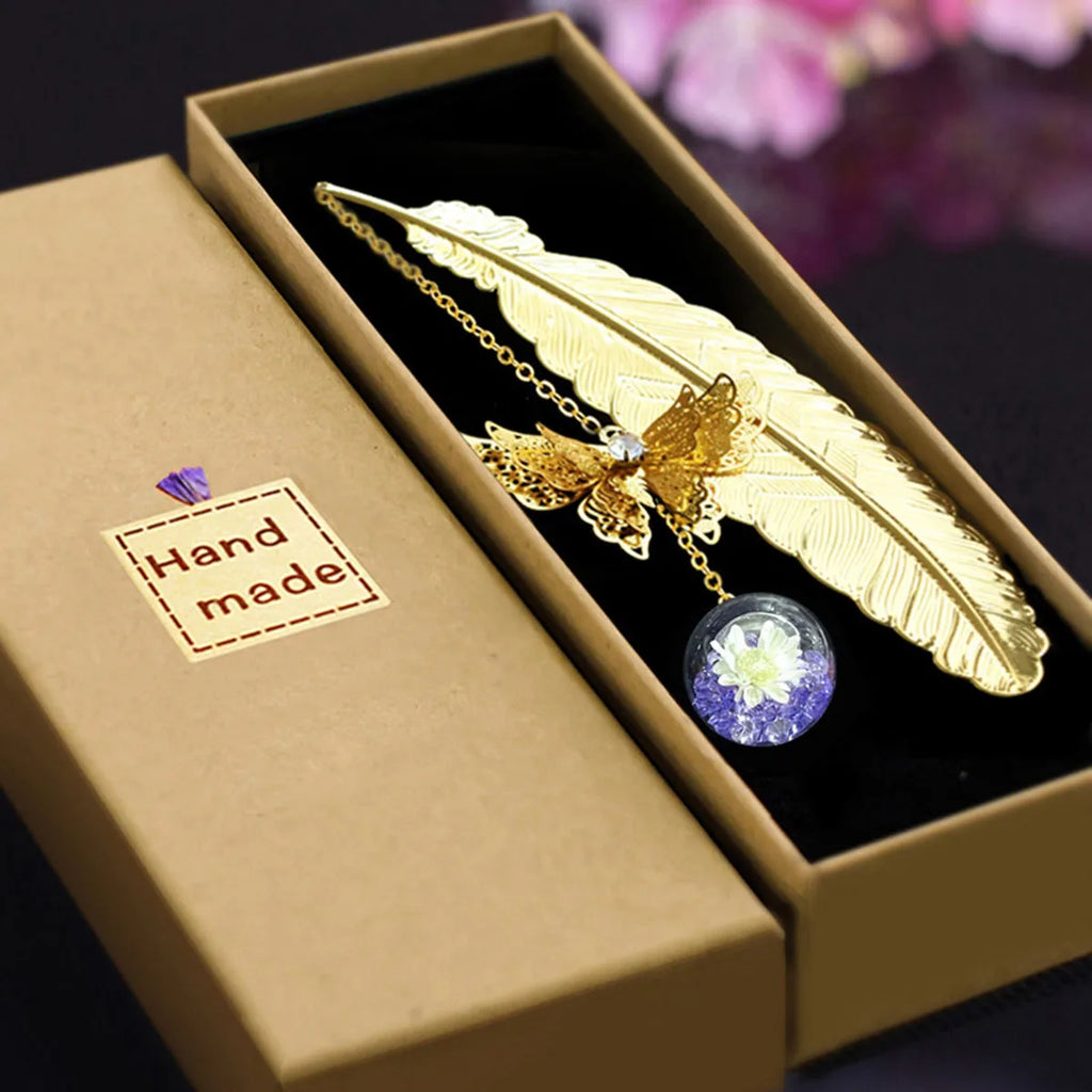 1pc Chinese Style Metal Feather Bookmark Creative Immortal Dried Flower Butterfly Leaf Student Bookmark Teacher's Day Gift