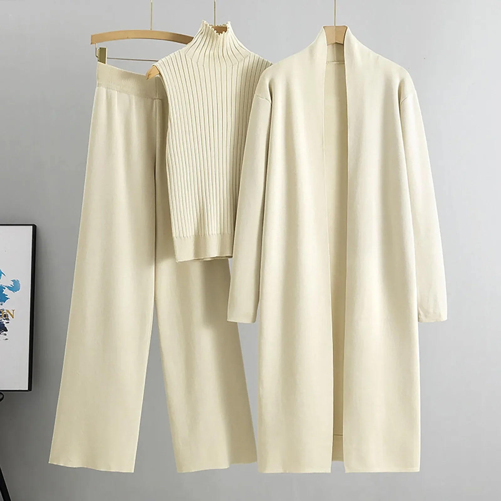 3 Piece Outfits Sweater Pullover Top & Knitted Long Cardigan & Wide Leg Pants Suits