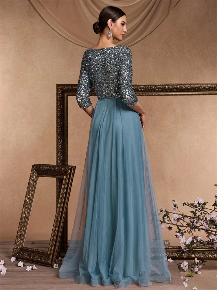Luxury Floor Length V-Neck Evening Dress Party Maxi Dress Sequin Short Sleeves Prom Cocktail Gown