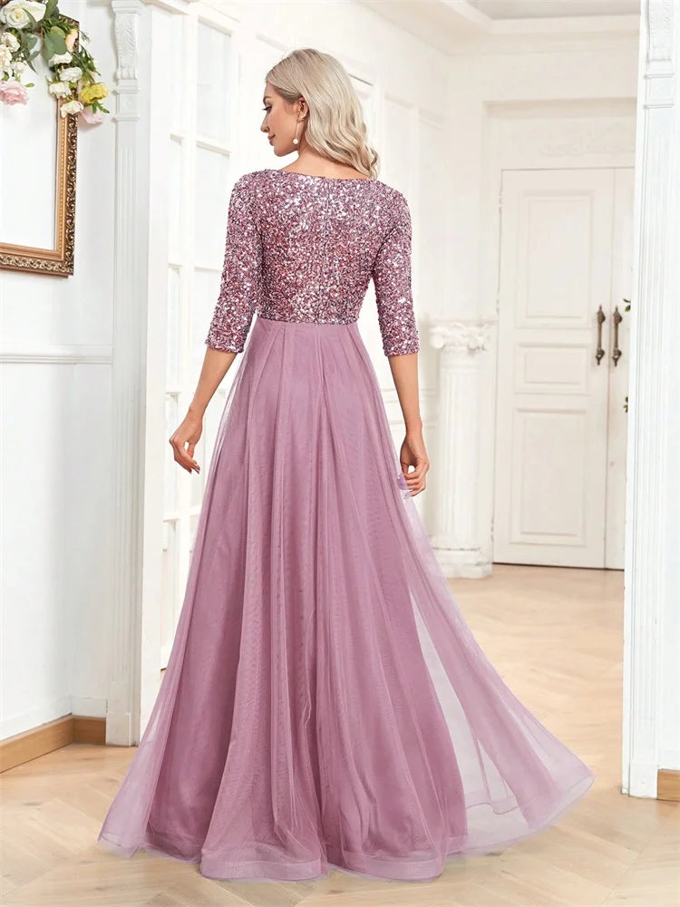 Luxury Floor Length V-Neck Evening Dress Party Maxi Dress Sequin Short Sleeves Prom Cocktail Gown