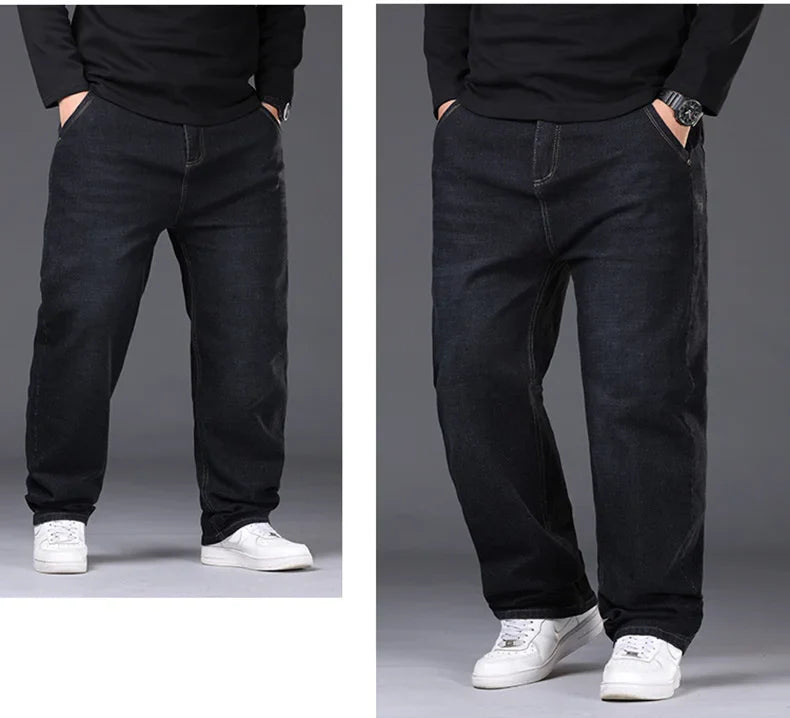34-50 Sizes Men's Stretch Jeans Straight Leg Denim Pants Extended Sizing Blue/Black Streetwear Relaxed Fit for Work & Casual