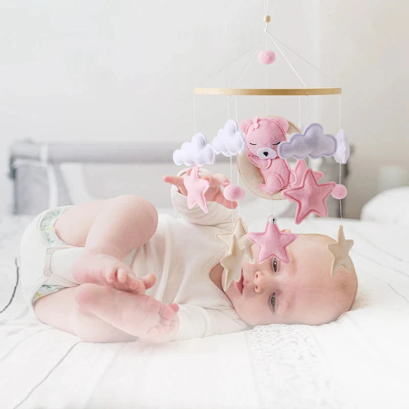 Crib Mobile Rattle Wooden Baby Bell with Felt Cartoon Bear Toys