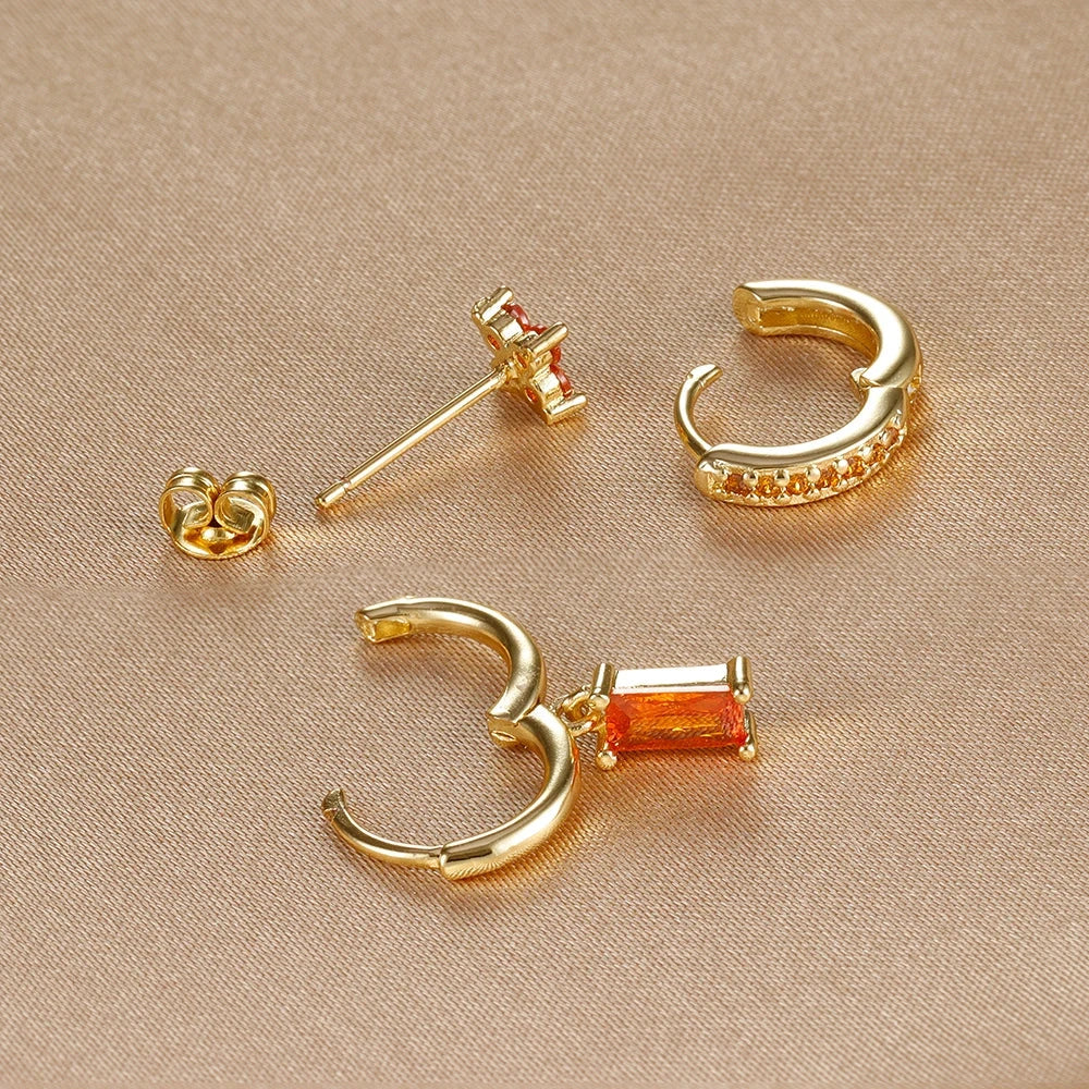 3PCS Zircon Flower Dangle Earrings – Orange & Blue Stainless Steel Set