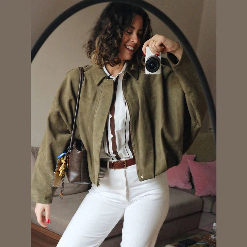 Women’s Suede Bomber Jacket – Cropped Racing Style