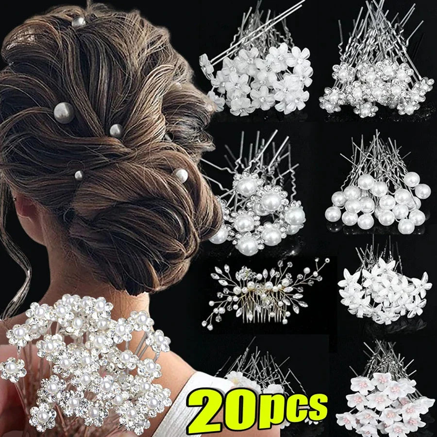 20pcs Elegant Pearl Crystal Hairpin Wedding Bridal U-shaped Metal Hair Comb Forks for Women