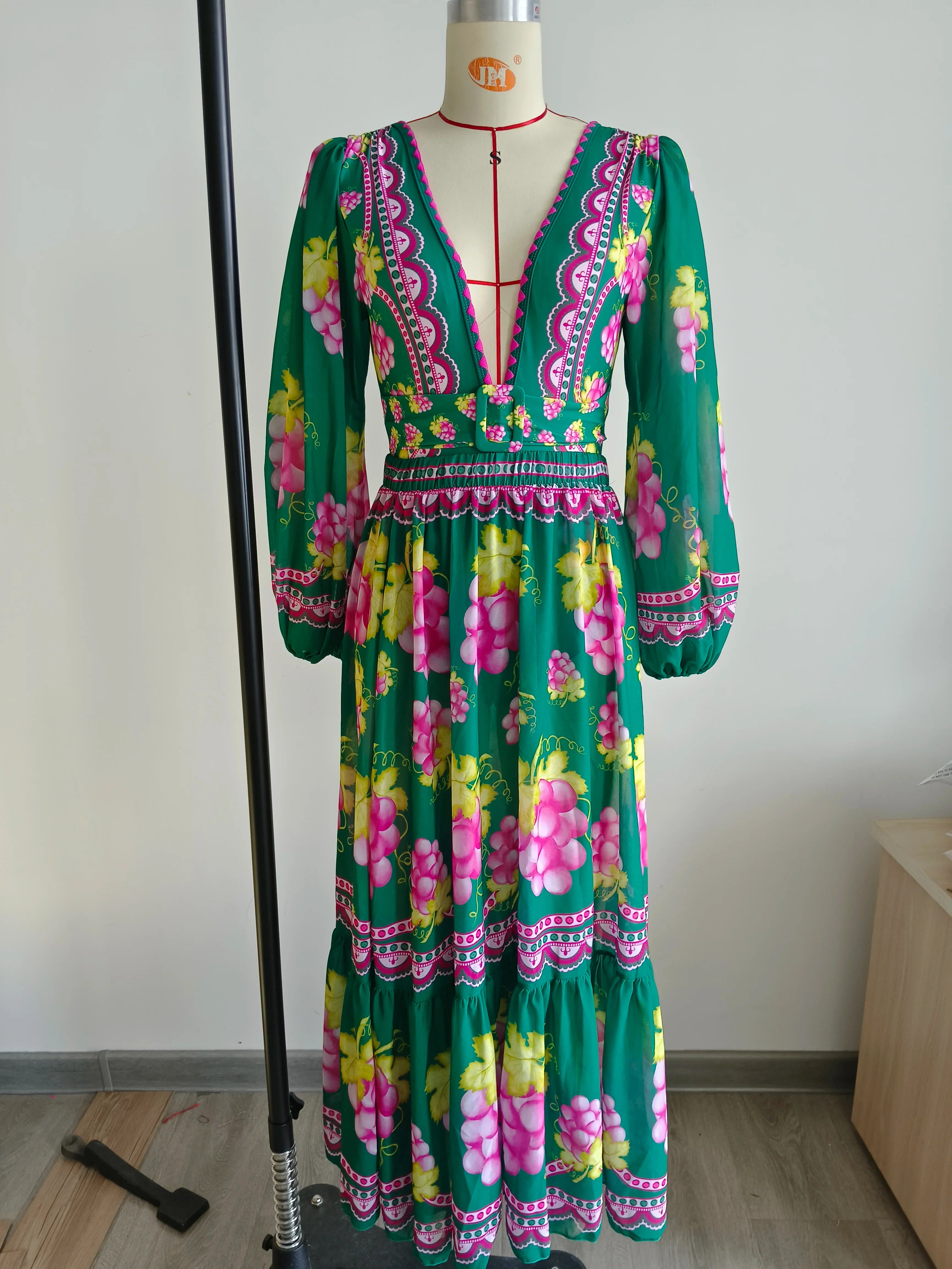 Swimwear 2PC Cover-up Swimsuit Ruffle Printed Deep V One-piece Kimono Bikini Suit