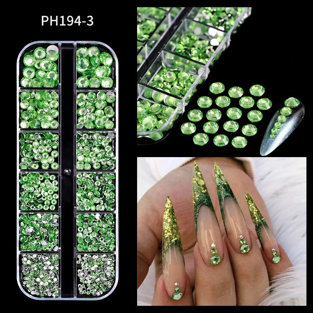 12 Grids Mixed Nail Rhinestones - SS6-SS30 Flat-Back Glass Gems for Nail Art