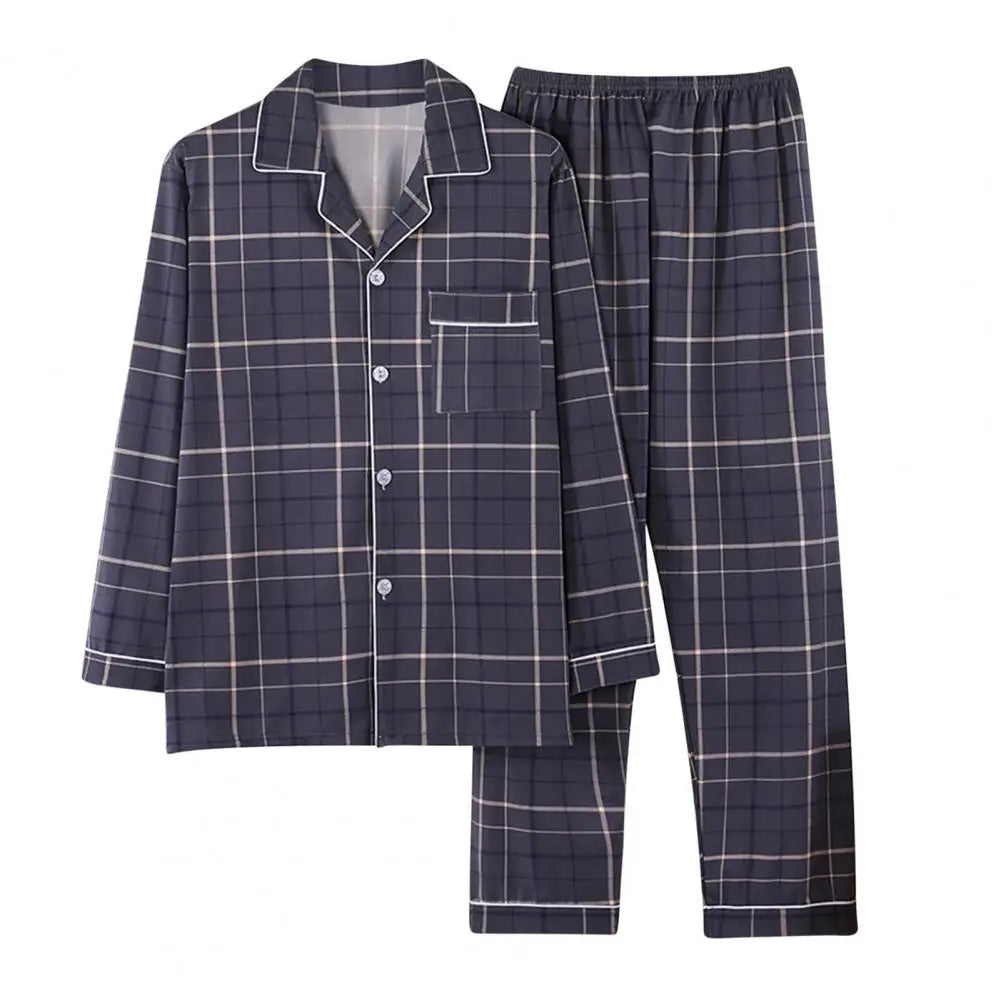 2Pcs Men Pajamas Set Lapel Long Sleeve Single Breasted Tops Elastic Waist Long Pants Comfortable Sleep Set Plaid Print Sleepwear