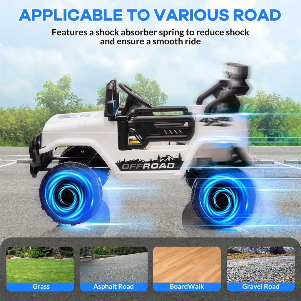 12V Kids Ride On Truck With Remote Control 3 Speeds LED Lights Spring Suspension Dual Motors Long Lasting Battery