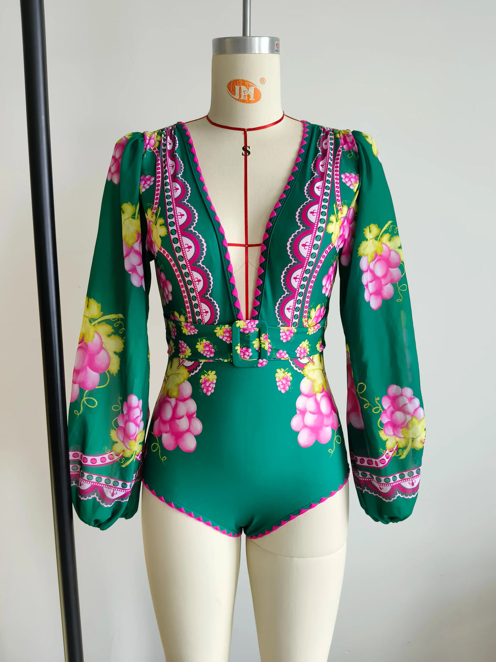 Swimwear 2PC Cover-up Swimsuit Ruffle Printed Deep V One-piece Kimono Bikini Suit