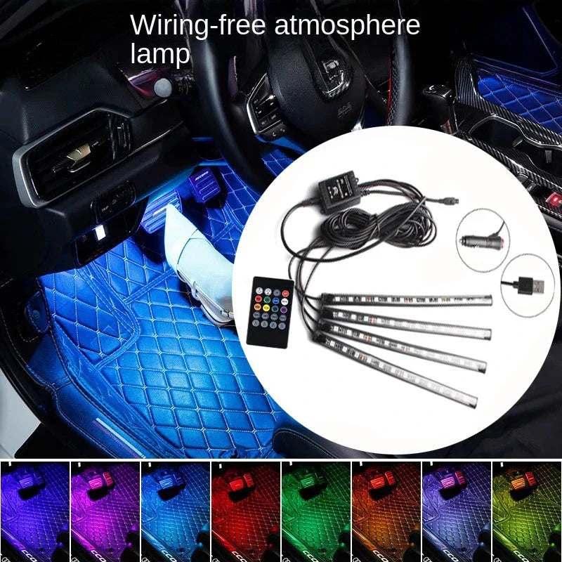 Universal RGB LED Car Interior Lights - 8-Color Ambient Strip Lamps with Music Control