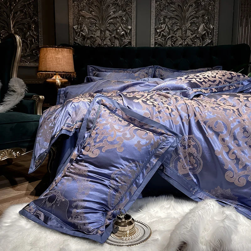 Soft Satin Jacquard Cotton Bedding Set, Luxury Duvet Cover, Blue, Gold, Gray, Queen, King Bed Sheet, Pillowcases, Home Textiles