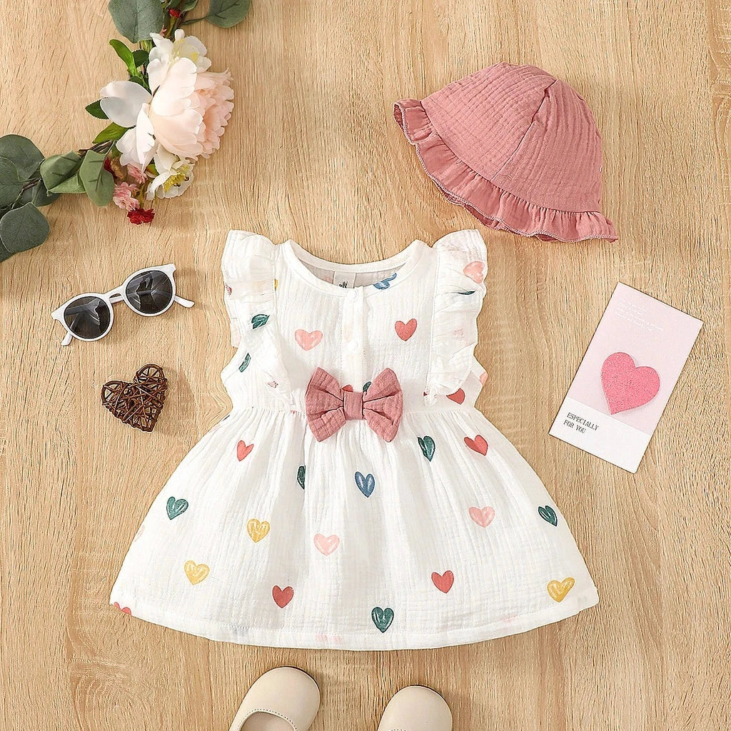 Baby Girl Summer Dress Set (0–9M) – Love Print Sleeveless Dress with Matching Hat