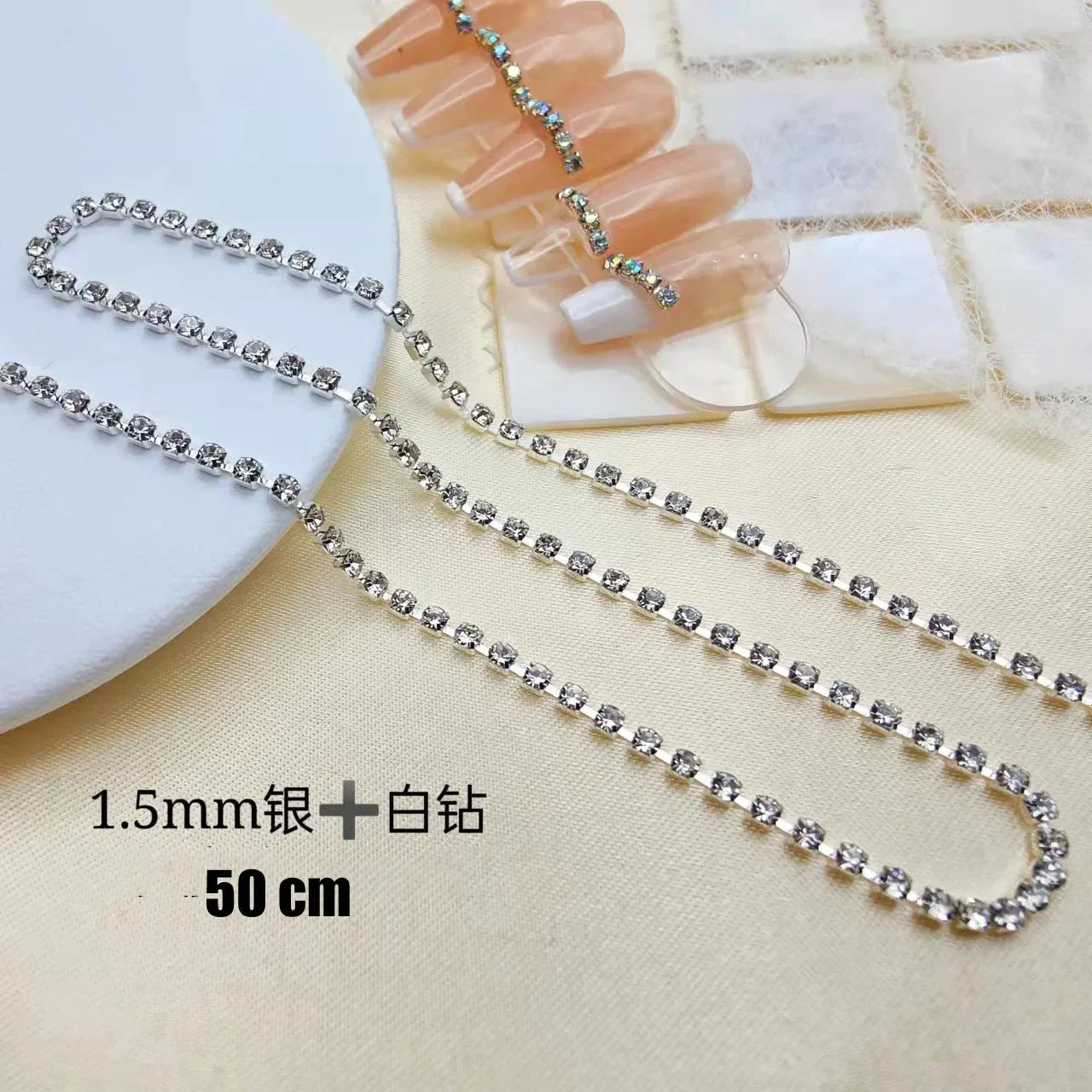 100/50cm Luxury Crystal Chain Nail Charms - 1.5/2mm Clear & AB Diamond Nail Art Decoration