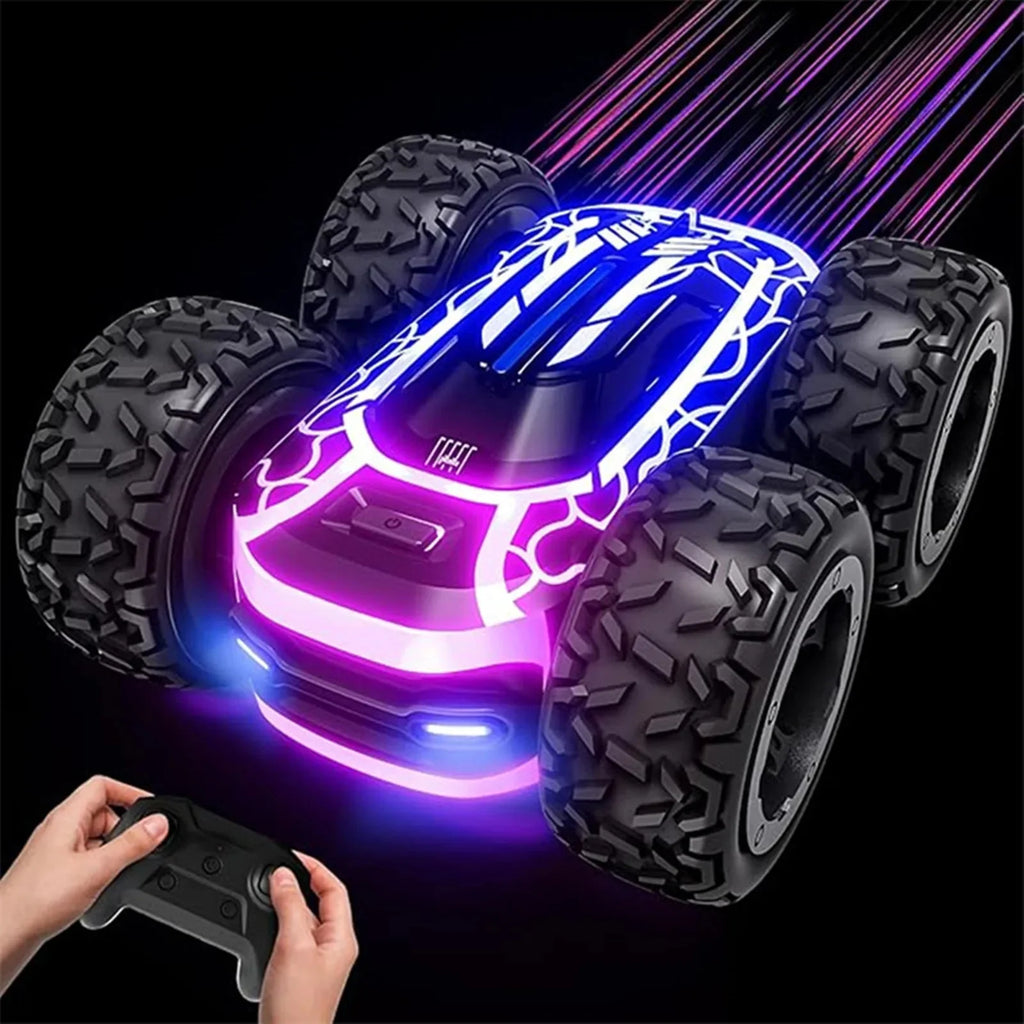 RC Stunt Car with LED Lights - 360° Rotating Double-Sided Remote Control Car for Kids, 2.4GHz, Black