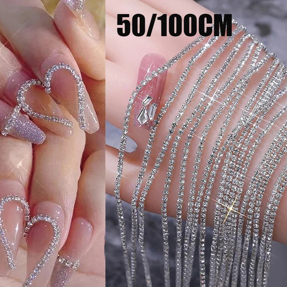 100/50cm Luxury Crystal Chain Nail Charms - 1.5/2mm Clear & AB Diamond Nail Art Decoration