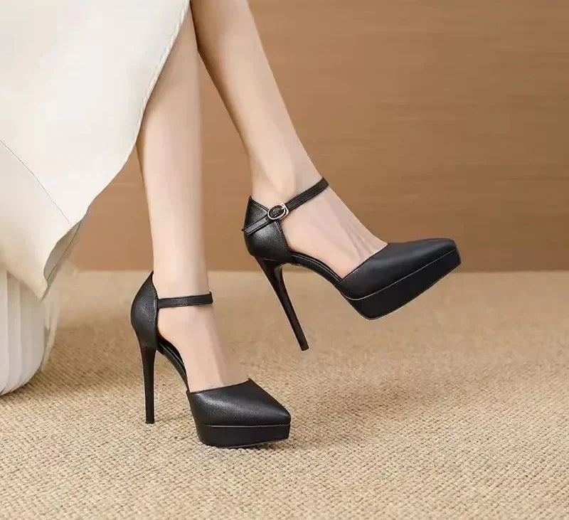 Ankle Straps Women's Sandals 12Cm Pointed Toe Platform Pumps Matte Leather Heels Size 33 42