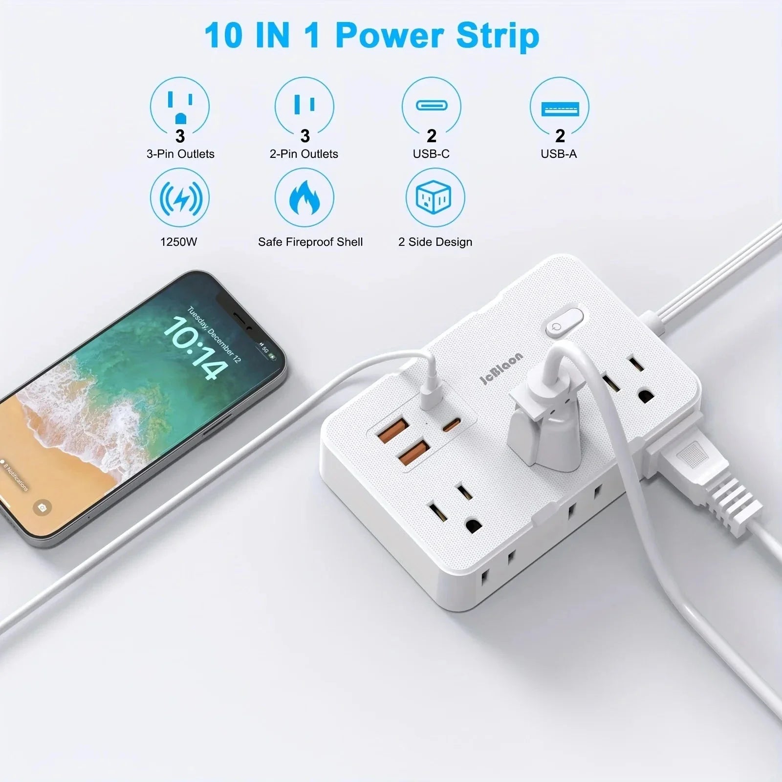 Ultra-Thin Surge Protector Power Strip — 6 Outlets + 4 USB Ports, 5ft Extension Cord | Flat Plug Wall Mount Adapter for Home & Office