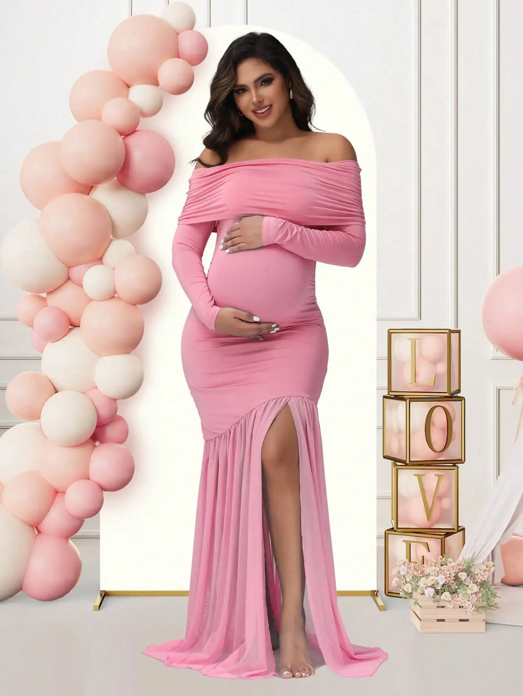 Elegant Maternity Gown Photoshoot Party Dress Off-Shoulder Slits Fishtail Hem