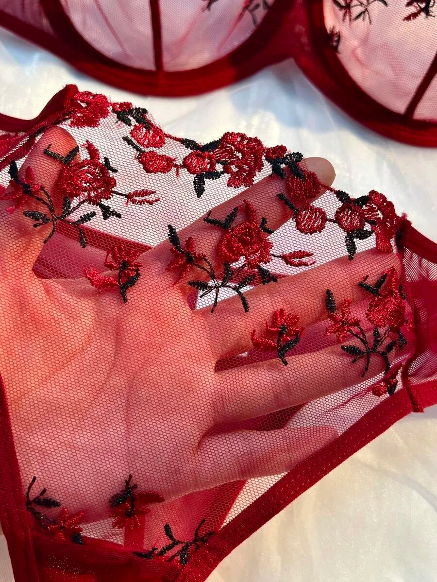 Beautiful Women Sexy 2 Piece Floral Embroidery Underwear Sets