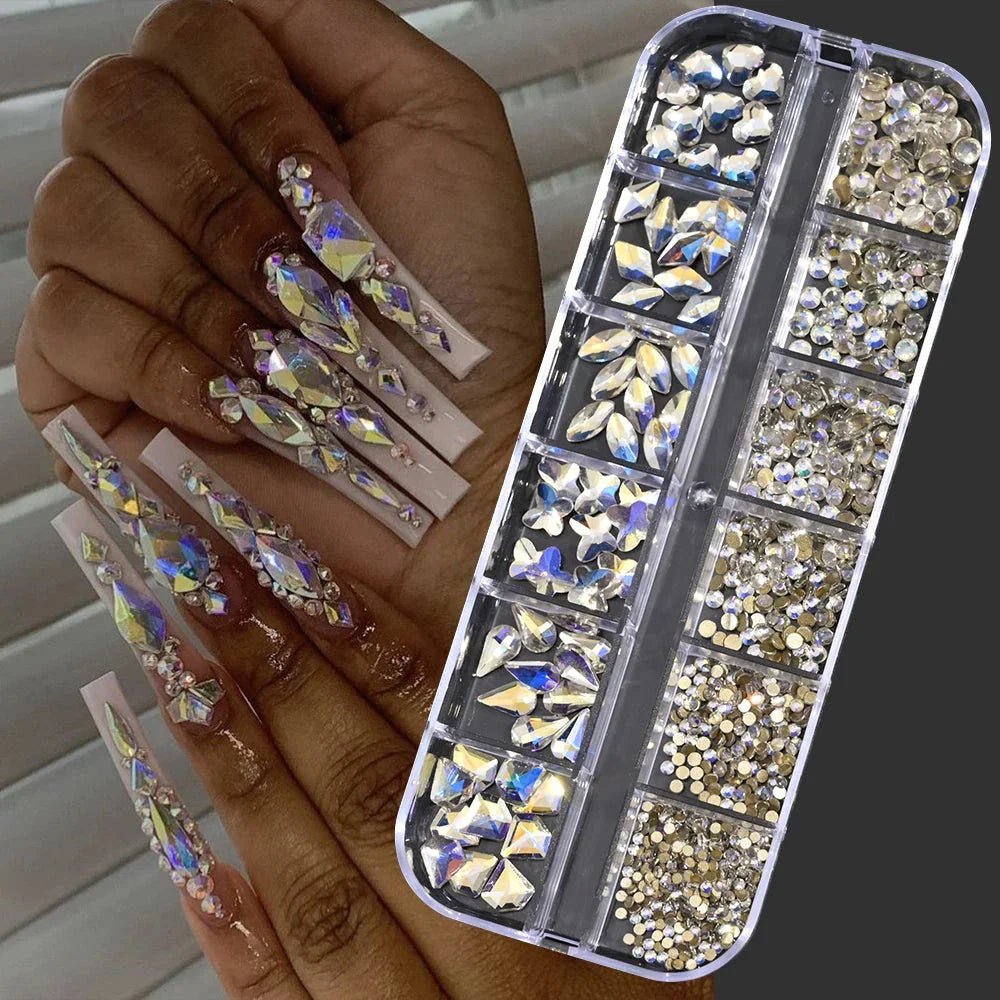 12 Grids Mixed Nail Rhinestones - SS6-SS30 Flat-Back Glass Gems for Nail Art