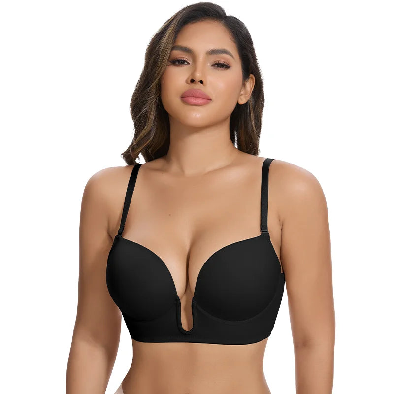Women's Deep U Bra Transparent Strap X-Line Bralette Invisible Invisible Underwear High Stretch Push Up Gathered Lingerie