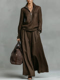 Elegant Solid Loose Two Piece Set Fashion Lapel Zipper Pullover & Wide-leg Pant Suit Women Casual Long Sleeve Outfits