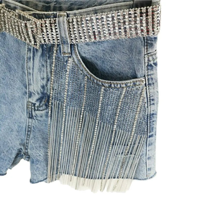 Europe America Style Shorts High Waist Wide Legs Denim Shorts Rhinestones Tassels