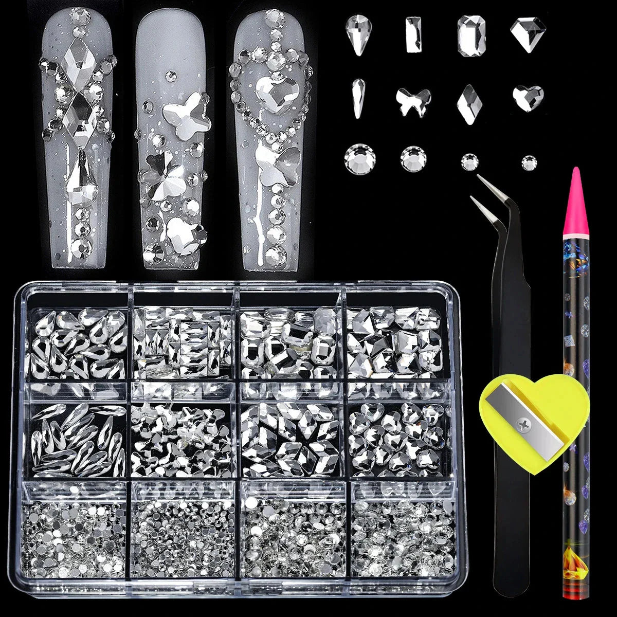 12 Grid Diamond Jewelry Set for Nail Art - Luxe Rhinestone Decorations