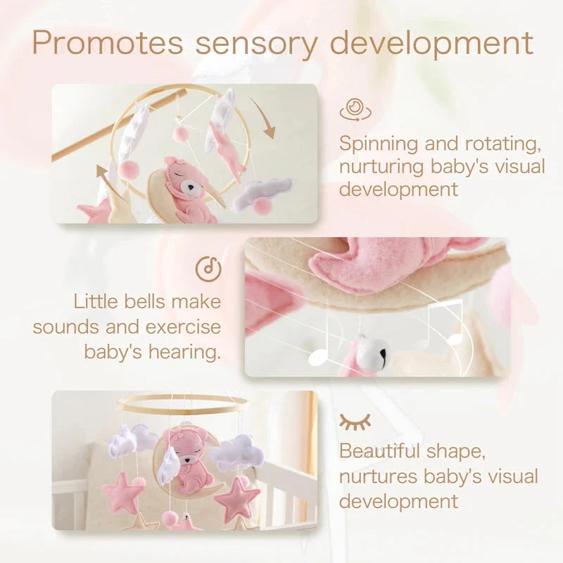Crib Mobile Rattle Wooden Baby Bell with Felt Cartoon Bear Toys