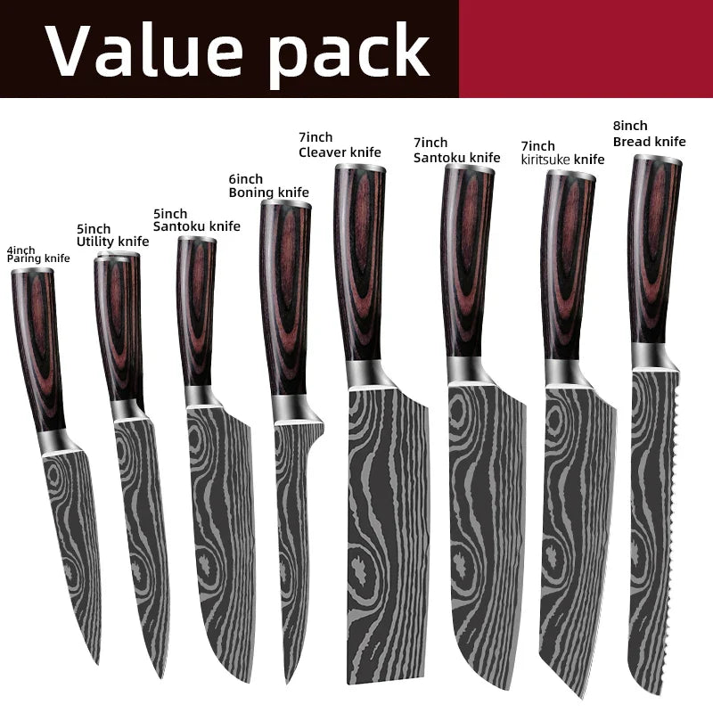 Damascus Laser Steel Kitchen Chef Knives with Shear Cutter and Wooden Handle