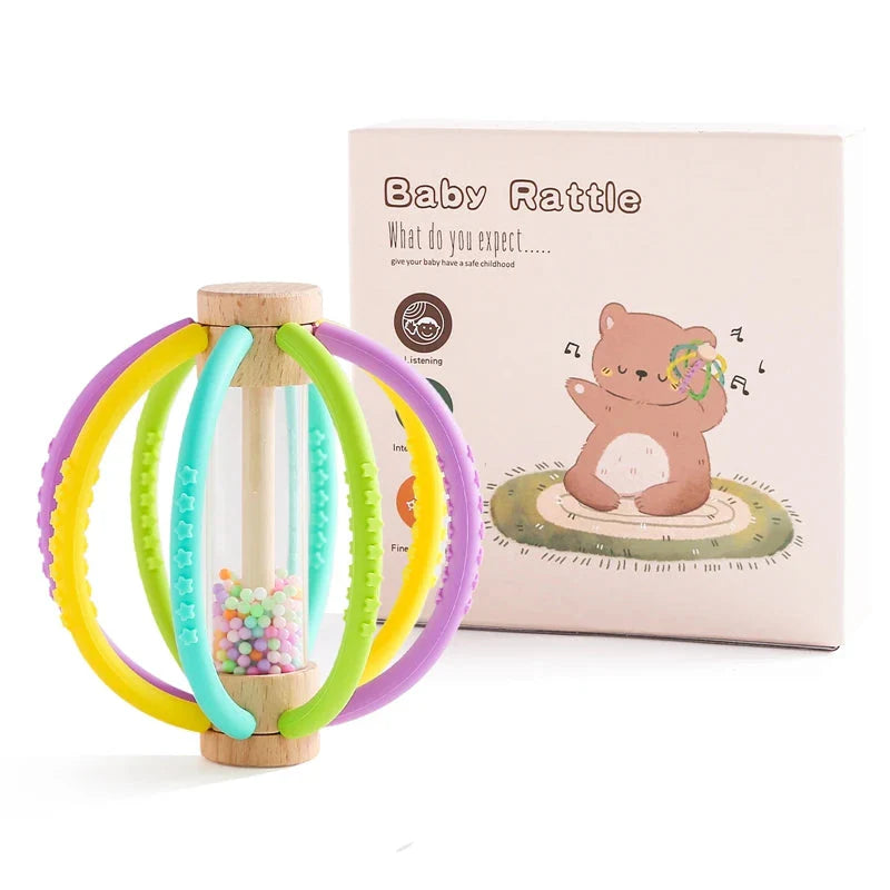 Wooden Rain Drum Baby Rattle Silicone Teether Toy