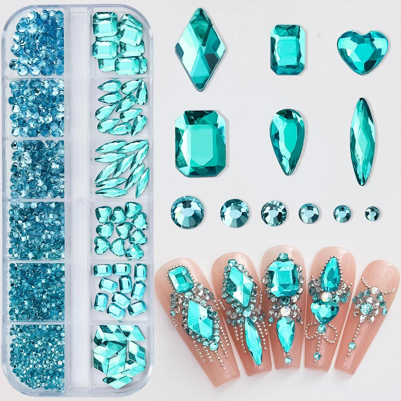12 Grids Mixed Nail Rhinestones - SS6-SS30 Flat-Back Glass Gems for Nail Art