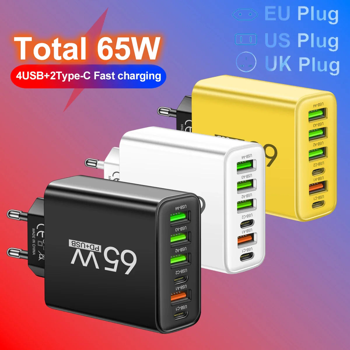 65W 6 in 1 4 USB 2 Type C Quick Charging Fast Wall Charger For iPhone Samsung Xiaomi Huawei Oppo Mobile Phone Adapter
