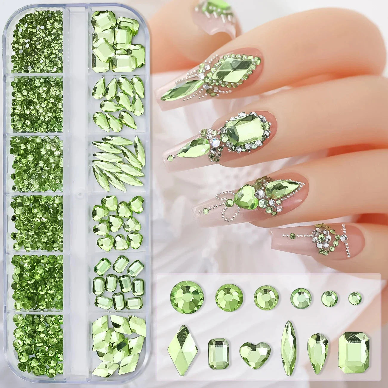 12 Grids Mixed Nail Rhinestones - SS6-SS30 Flat-Back Glass Gems for Nail Art