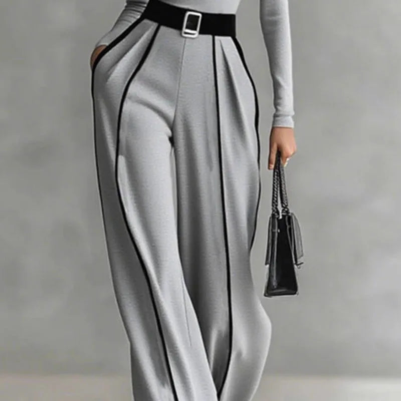 2 Piece Set Autumn/Winter Striped Print Elegant Stand Collar Slim Top Pullover & Wide Leg Trousers Suit
