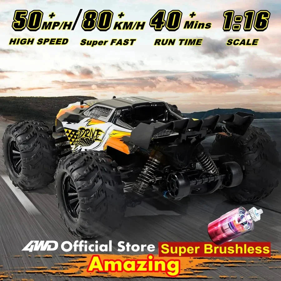 4WD RC Off-Road Car - 1:16 High-Speed Brushless Truck, 50-80KM/H, 4x4 Drift Racing Toy for Kids & Adults