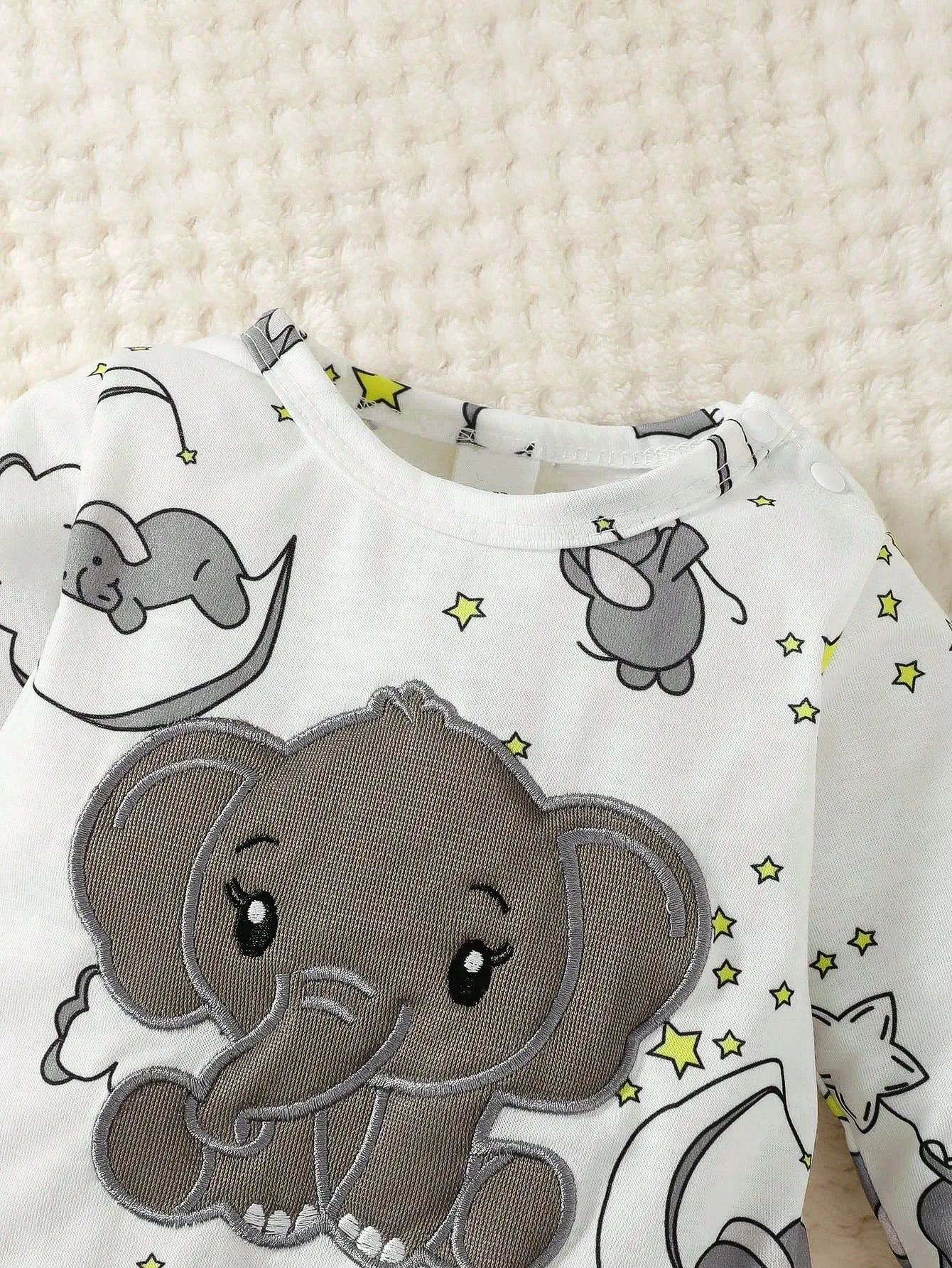 2 PCS Baby Romper with Hat Set Long Sleeve Elephant Embroidery Outfit for Boys & Girls 0–2 Years